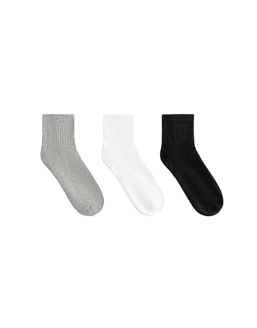 OYSHO 3 pairs of cotton blend quarter sports socks in mid-grey melange