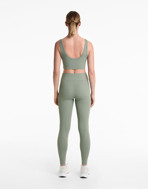 OYSHO Comfortlux High Rise Rib 65cm Ankle-length Leggings In Blue Greenk