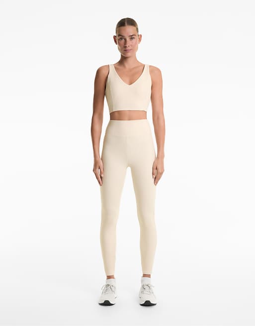 OYSHO High Rise Waffle 65cm Leggings In Ivory Ecru