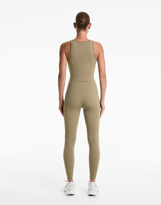 OYSHO High Rise Waffle 65cm Leggings In Washed Khaki