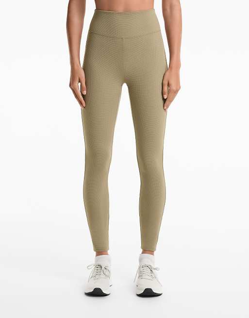 OYSHO High Rise Waffle 65cm Leggings In Washed Khaki