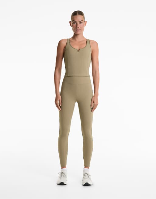 OYSHO High rise waffle 65cm leggings in washed khaki