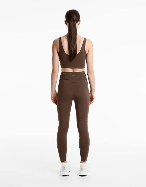 OYSHO Light Touch Draped V-cut Ankle-length Leggings In Dark Brown