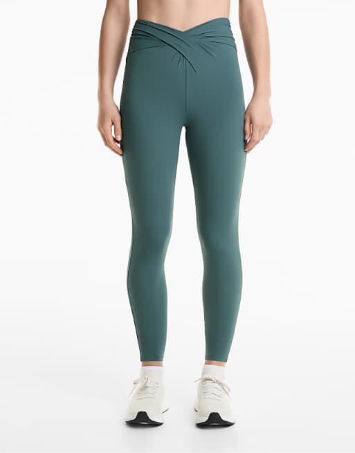 OYSHO Light touch draped v-cut ankle-length leggings in washed petrol green