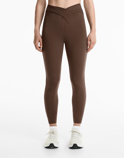 OYSHO Light touch draped v-cut ankle-length leggings in dark brown