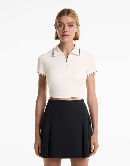 OYSHO Seamless short-sleeved polo shirt in pale ecru