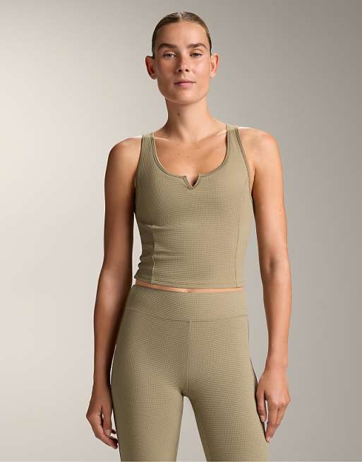 OYSHO Sleeveless Waffle Tank Top In Washed Khaki