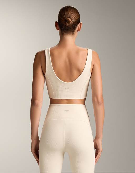 OYSHO Waffle V-neck Top In Ivory Ecru