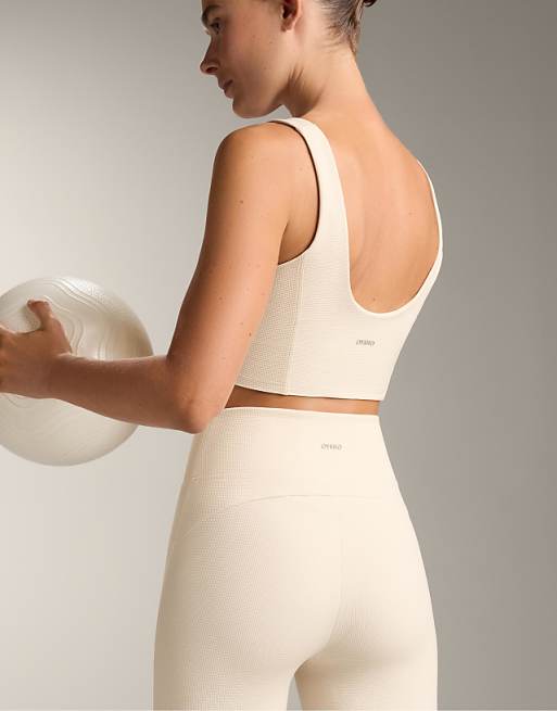 OYSHO Waffle V-neck Top In Ivory Ecru