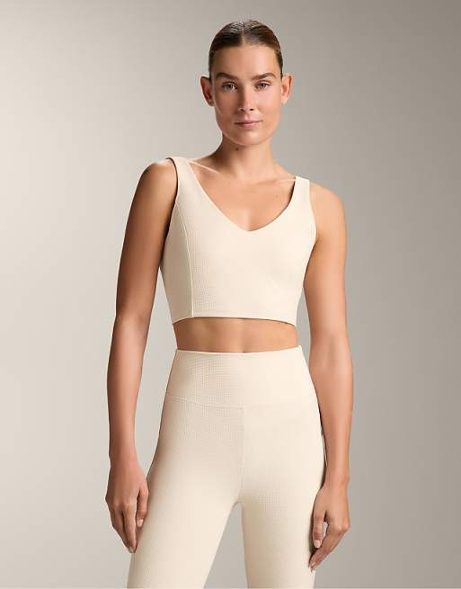 OYSHO Waffle V-neck Top In Ivory Ecru
