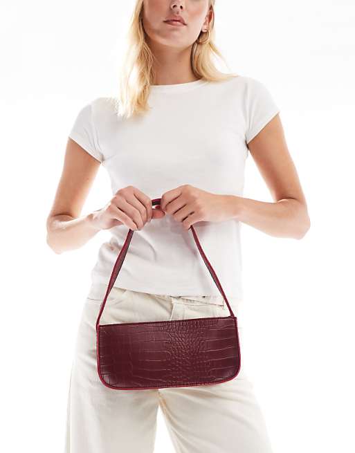 PASQ Croc Baguette Shoulder Bag In Dark Burgundy