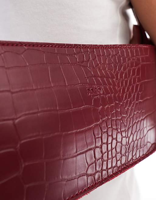 PASQ Croc Baguette Shoulder Bag In Dark Burgundy