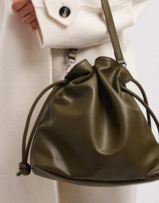 PASQ Draw String Soft Shoulder Bag In Khaki Green