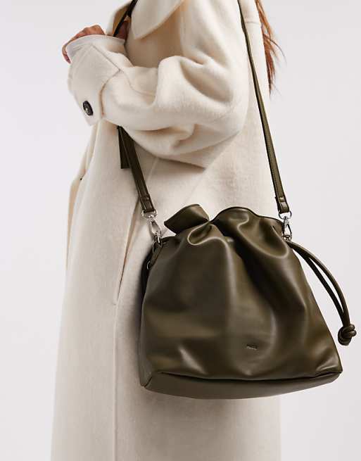 PASQ draw string soft shoulder bag in khaki green