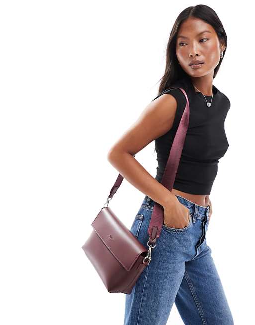 PASQ Flap Over Crossbody Shoulder Bag In Burgundy