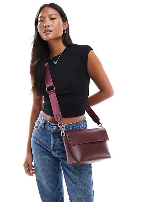 PASQ Flap Over Crossbody Shoulder Bag In Burgundy