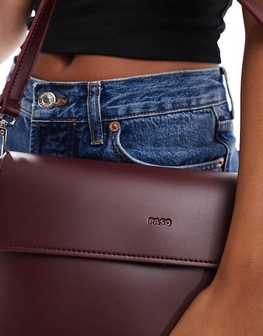 PASQ Flap Over Crossbody Shoulder Bag In Burgundy