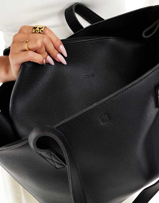 PASQ Textured Twin Strap Tote Bag With Side Clip Details In Black
