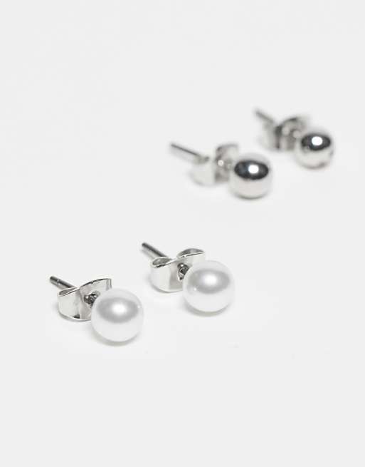 Pieces 3 Pack Pearl & Diamante Stud Earrings In Silver & White