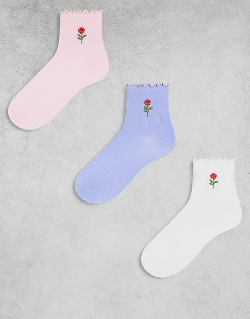 Pieces 3 pack rose embroidered socks in multi