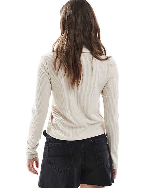 Pieces Button Front Ribbed Polo Top In Cream