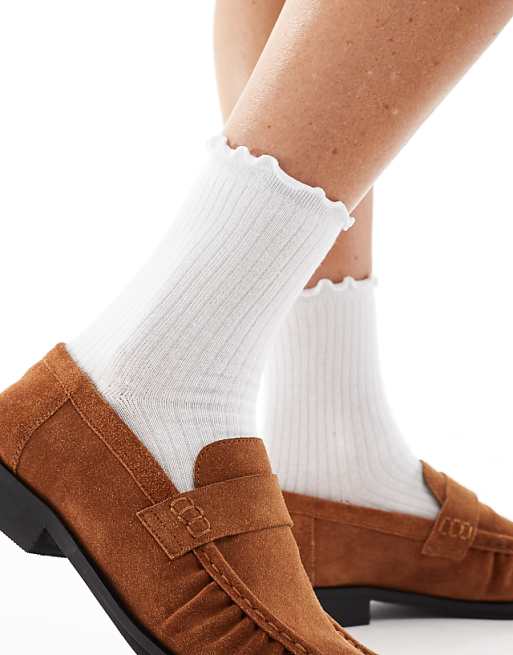 Pieces ribbed frill socks in white