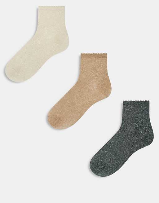 Pieces scallop trim sock 3-pack in grey camel and birch