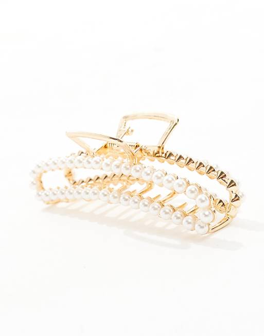 Pieces XL Rectangle Pearl Hair Claw Clip In White Gold