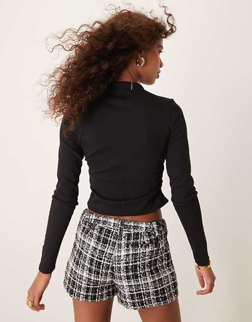 Pimkie High Neck Ribbed Ruched Detail Long Sleeve Crop Top In Black