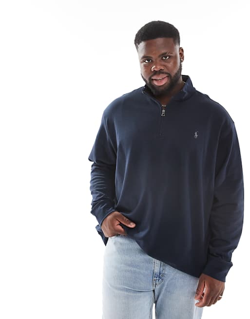 Polo Ralph Lauren Big & Tall icon logo double knit half zip sweatshirt in navy