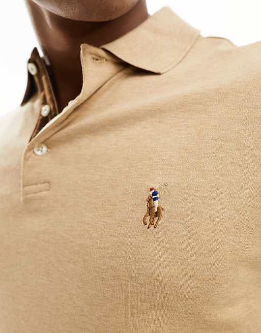 Polo Ralph Lauren Multi Icon Logo Long Sleeve Pima Cotton Polo Custom Fit In Camel Marl