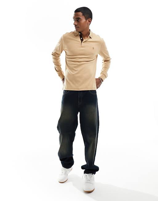 Polo Ralph Lauren Multi Icon Logo Long Sleeve Pima Cotton Polo Custom Fit In Camel Marl