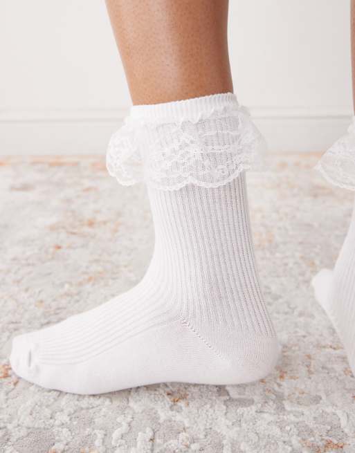 Reclaimed Vintage Ankle Length Ribbed Sock With With Lace Ruffle