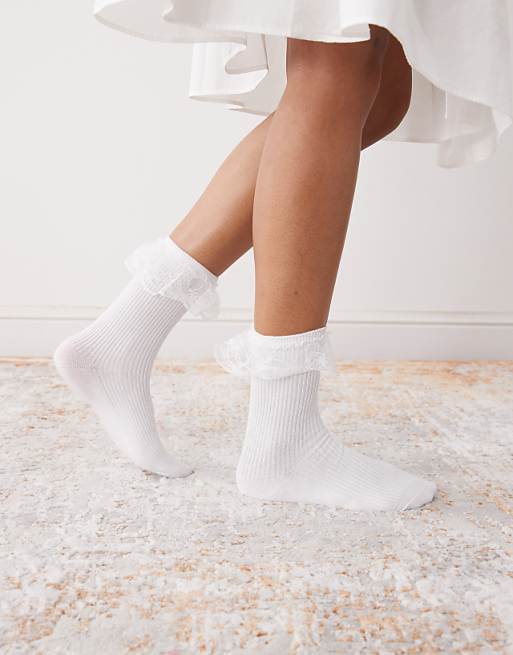 Reclaimed Vintage ankle length ribbed sock with with lace ruffle