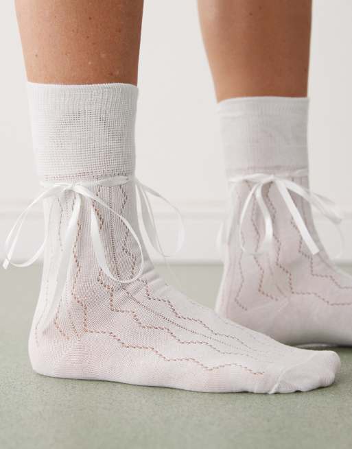 Reclaimed Vintage Ankle Sock With Bows In White