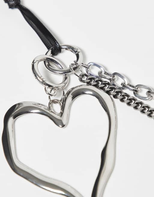 Reclaimed Vintage Bag Charm And Key Ring With Heart And Black Ribbon In Silver