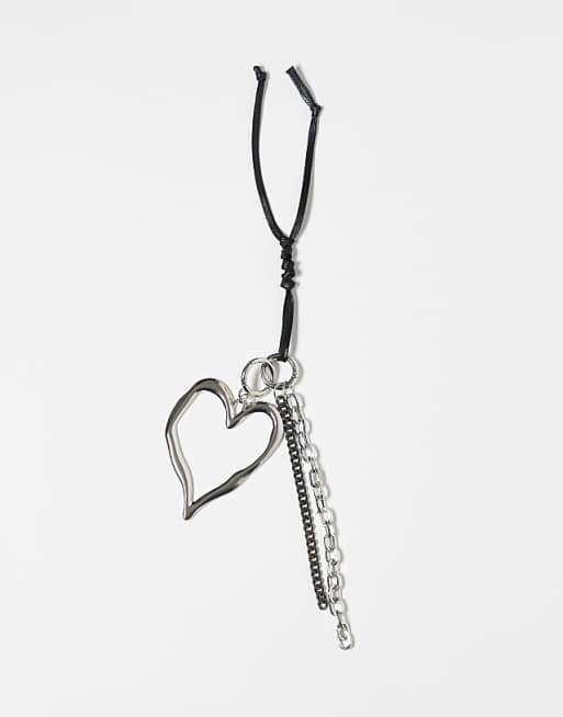 Reclaimed Vintage bag charm and key ring with heart and black ribbon in silver