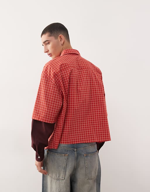 Reclaimed Vintage Boxy Crop Red Check Shirt With Double Layer Sleeve In Burgundy