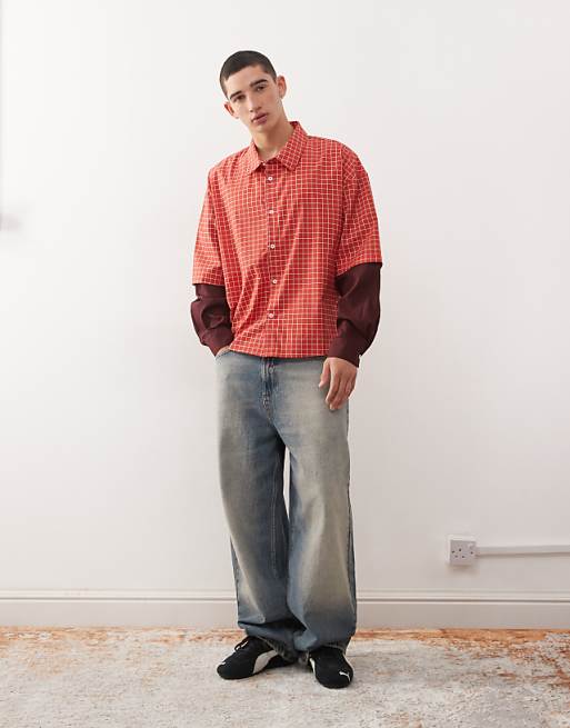 Reclaimed Vintage Boxy Crop Red Check Shirt With Double Layer Sleeve In Burgundy