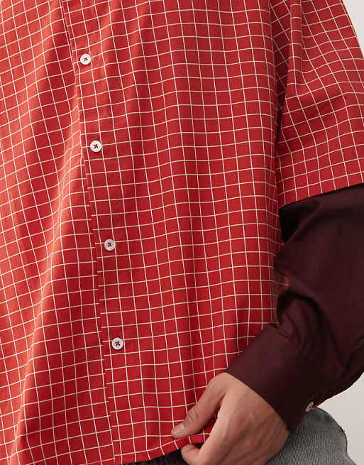 Reclaimed Vintage Boxy Crop Red Check Shirt With Double Layer Sleeve In Burgundy