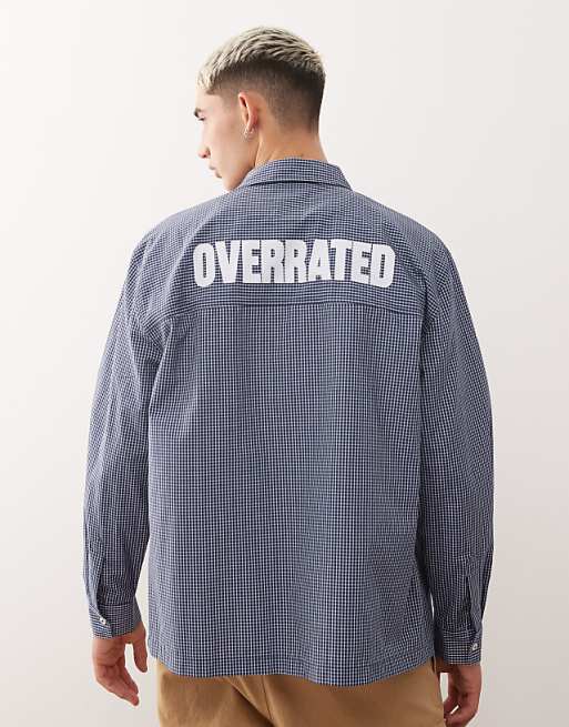 Reclaimed Vintage boxy crop shirt with back print in blue and white check