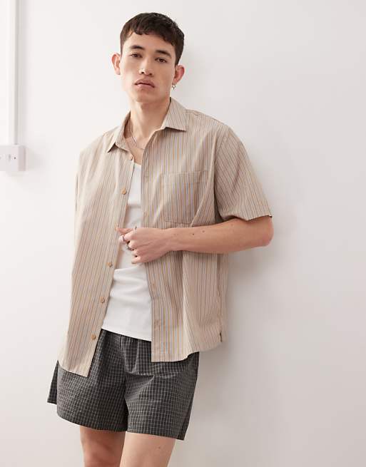 Reclaimed Vintage Boxy Cropped Shirt In Beige And Blue Stripe