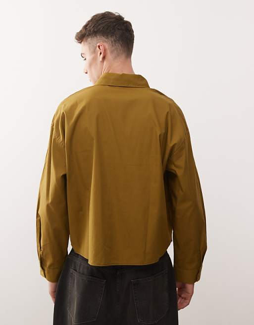 Reclaimed Vintage Boxy Cropped Shirt With Contrast Stitching In Khaki And Navy