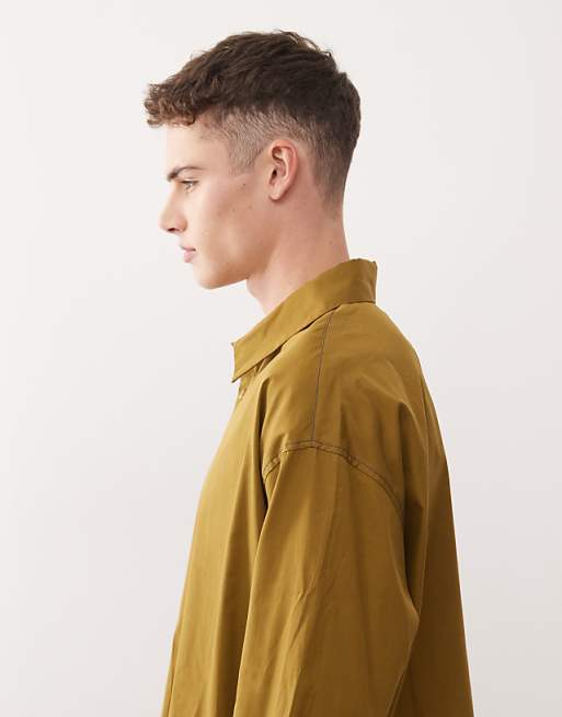 Reclaimed Vintage Boxy Cropped Shirt With Contrast Stitching In Khaki And Navy