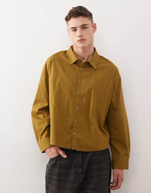 Reclaimed Vintage boxy cropped shirt with contrast stitching in khaki and navy