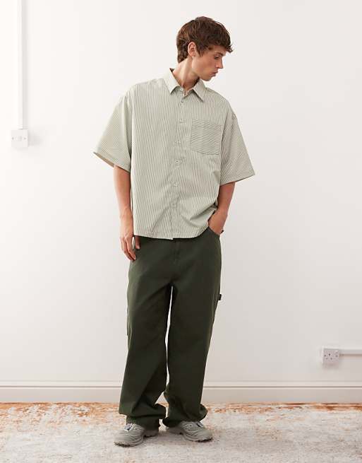 Reclaimed Vintage Boxy Short Sleeve Shirt In Green Pinstripe