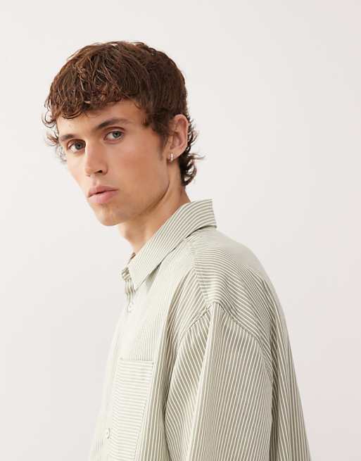 Reclaimed Vintage Boxy Short Sleeve Shirt In Green Pinstripe