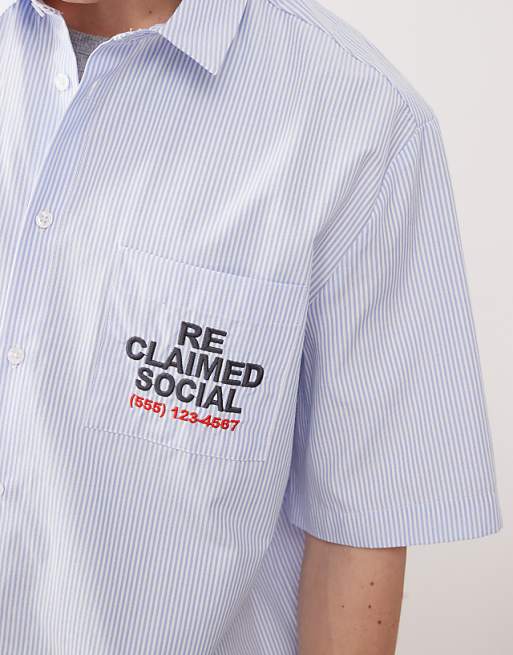 Reclaimed Vintage Boxy Short Sleeve Shirt With Embroidery In Blue Pinstripe