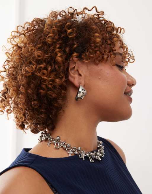 Reclaimed Vintage Chubby Hoop Earrings With Faux Stone Detail In Silver