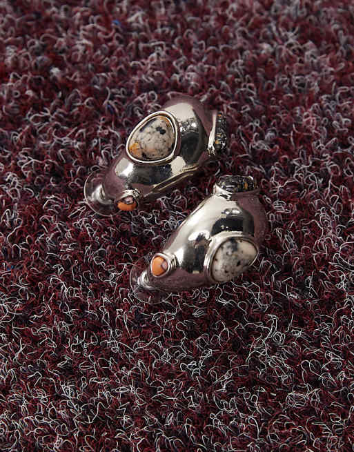 Reclaimed Vintage chubby hoop earrings with faux stone detail in silver